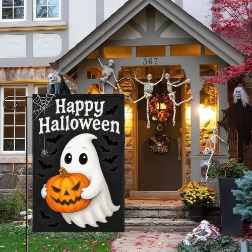 BlissYard Happy Halloween Ghost Pumpkin Garden Flag 12 x 18 Inch
