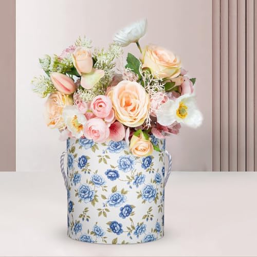 Hollyone White and Blue Gift Box with Lids Set of 3 Round Nesting Gift Boxes for Presents 3 Assorted Sizes Flowers Arrangements Garden Box for Gift Giving Thanksgiving Mom Gifts Present Wrapping