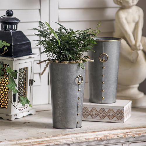 SOFE Galvanized Bucket Metal Vases Set of 2, Rustic Floral Buckets 10" Tall