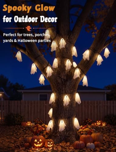 Halloween Ghost String Lights Outdoor, White Fabric Hanging Ghost Lights