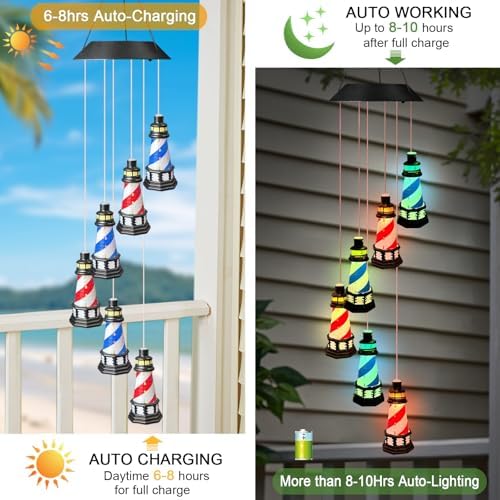 Solar Lighthouse Wind Chimes,Color Changing LED Dangler Mobiles for Outside