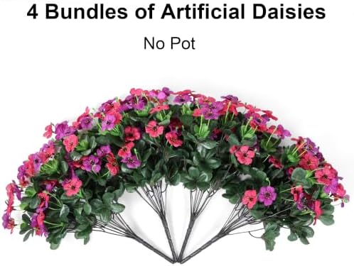 HyeFlora Artificial Flowers for Outdoor Indoor Garden Home Decoration, Faux Flower Daisy with Fabric Azalea Leaves Fake Plants Greenery Porch Patio, 4 Bundles (Purple Pink)