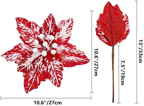 10 PCS Snow Poinsettia Stems, Large 10.6" Christmas Flowers, Red/White
