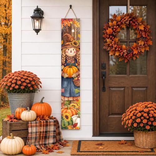 Fall Welcome Porch Sign, Wooden, 47.2", for Front Door, Scarecrow
