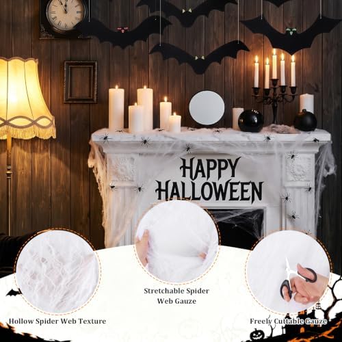 12pcs Halloween Hanging Bats | 1200 sqft Halloween Spider Webs and 50pcs Fake Spiders | Super Stretch Cobwebs Party Decorate for Halloweens Theme Indoor and Outdoor Decoration