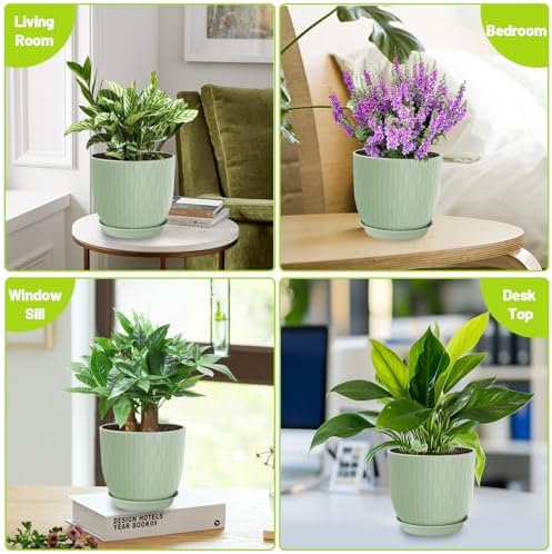 Plastic Plant Pots 10/9/8/7.5/7 inch Set of 5, Flower Planters with Drainage Holes and Saucers, Plastic Pots for Indoor Outdoor Plants, Livingroom Garden Decor (Green)