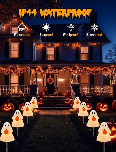 Halloween Ghost Pathway Lights, 7Ft Ghost Pathway Decoration Lights with 4 Clear C7 LED Bulbs, Ghost Pathway Extendable Pathway String Light for Halloween Holiday Outdoor Pathway Garden Walkway Decor
