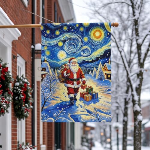 Christmas House Flag Santa Claus Winter Village Xmas Garden Flag Snowy Merry Christmas Night Starry Sky Van Gogh Yard Banner Double Sided for Farmhouse Seasonal Porch Decor 28 x 40 Inch