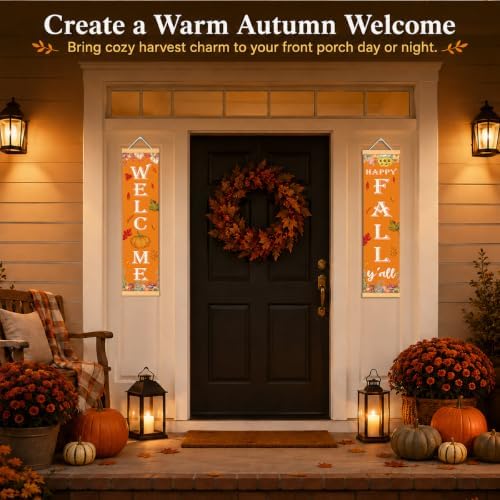 Welcome Fall Door Banner Set of 2, Pumpkin Harvest Porch Decor for Home