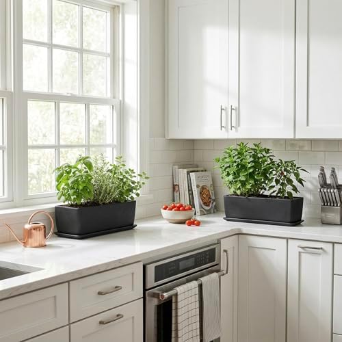 MyGift Matte Black Ceramic Indoor Plant Pot Succulent Planter, Decorative Flower Planter with Drainage Hole and Removable Tray (14 inch - 2 Pack)