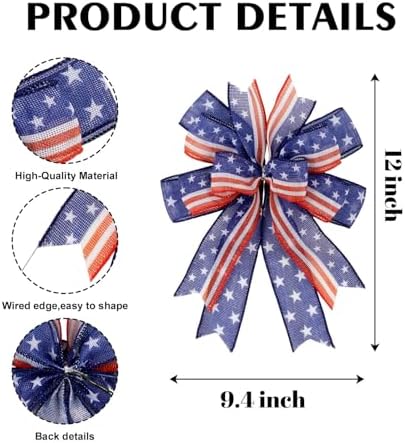 Patriotic Bow for Wreath, 9.4 x 11.8 Inch Red White and Blue with Stars and Stripes Wired Ribbon, Handmade 4th of July Mailbox Bow for Memorial Day Veterans Day Decor