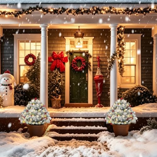 2 Pack Snowy Lighted Christmas Urn Filler, Outdoor Porch Decor