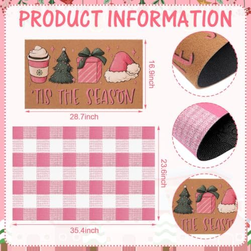 Tinideya 2 Pcs Pink Christmas Layered Doormat Set, Holiday Front Door Mats