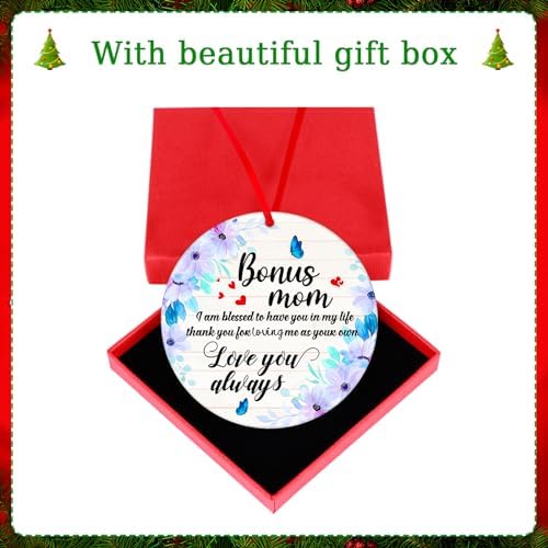 WaaHome Bonus Mom Christmas Ornaments Gifts from Daughter Son, Flower Bonus Mom Ornaments for Christmas Tree Decorations Gifts for Mother in Law Stepmom