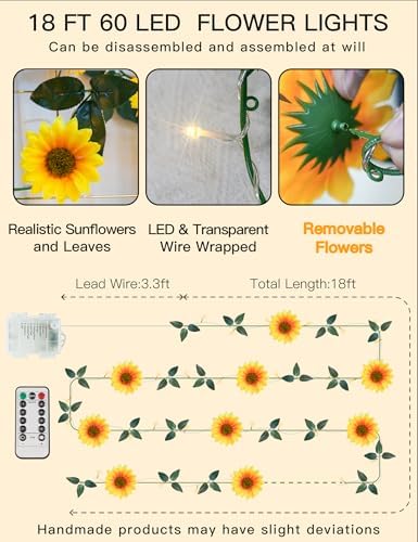 suddus Sunflower Garland with 60LED Fairy Light Battery Operated Clear Wire