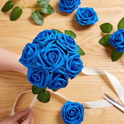 16 Pcs Artificial Flowers, Blue Fake Roses with Stems