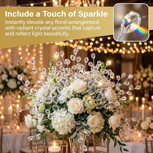 VOSAREA 50pcs Crystal Floral Picks: Flexible 3-Strand Artificial Bouquet Stems with Acrylic Bead Drops for Wedding Decor and DIY Crafts - White 6.69 Inch