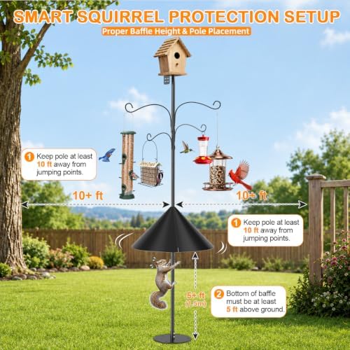 Bird Feeder Pole 100 Inch with Squirrel Baffle and 4 Feeder Hooks Heavy Duty Adjustable Bird House Pole with Top and Side Mount for Smart Feeders, Bluebird Houses, Yard and Garden