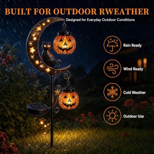 Solar Halloween Black Cat & Pumpkin Moon Garden Stake Light, Jack-o'-Lantern Lantern Solar Outdoor Waterproof LED Yard Decoration with Crescent Moon, for Garden, Patio (Style A A)