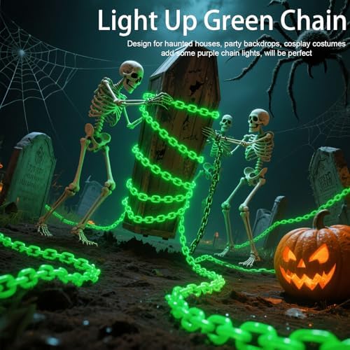 Solar Halloween Decorations Outdoor, 10FT Green Chain String Lights with 8 Modes, Waterproof Halloween Lights Outdoor for Haunted House Party Cosplay Props Skeleton Dog Yard Fence