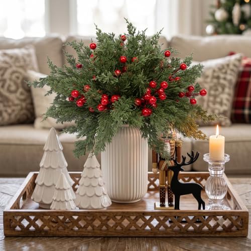 lovemoon 70Pcs Christmas Artificial Pine Stems with Red Berries, Faux Cedar Branches, Fake Christmas Greenery Pine Picks with Berries Stems for DIY Crafts, Garland Wreath & Home Xmas Decor (70)