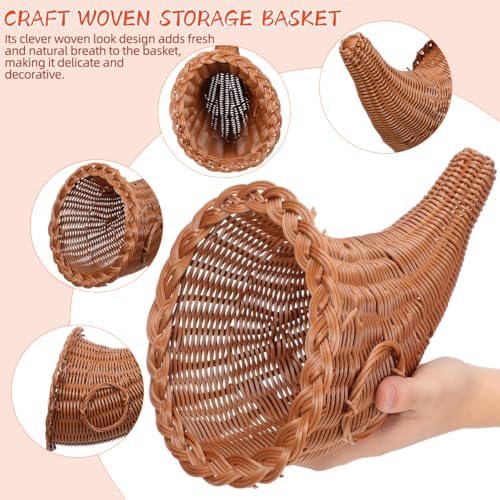 Kichvoe Small Cornucopia Basket: Handmade Grapevine Harvest Basket Rattan Fall Christmas Storage Container, Decorative Wicker Fruit Bread Serving Table Decor