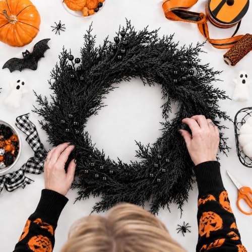 45 Pcs Halloween Black Cypress Leaf Branches, Faux Black Stems Centerpieces