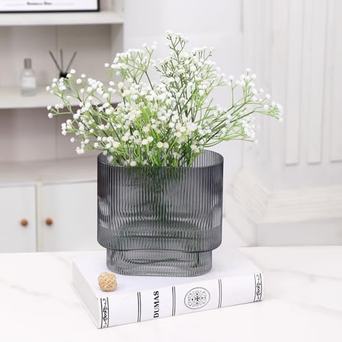 Ribbed Glass Vase, Black Glass Vase, Fluted Short Vases for Flowers, Modern Vases for Living Room, Dining Room, Bathroom, Desk, Shelf, Wedding, Office, 7 Inches