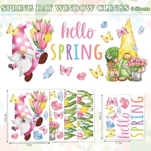 Whaline 6 Sheet Hello Spring Window Clings Pink Tulip Flower Floral Gnome Butterfly Reusable Window Glass Decals for Home School Office Party Supplies