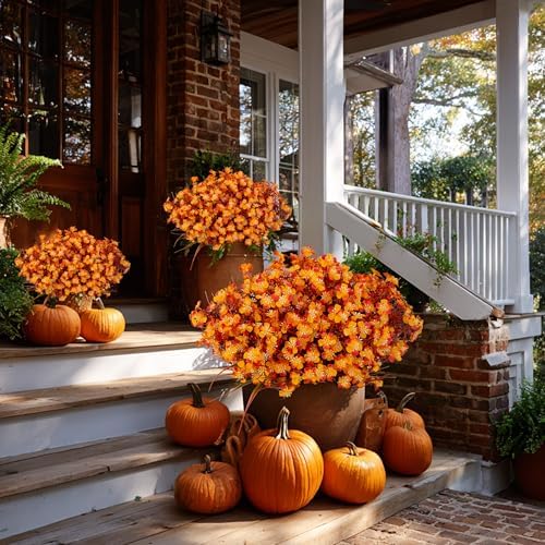 AXYLEX Artificial Fall Flowers Outdoor Fake Mums (Orange, 12 Bundles)