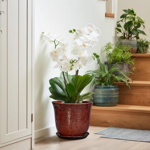 10 Inch Plant Pot - Ceramic Pots for Plants with Drainage Hole and Saucer, Round Flower Pot for Indoor Outdoor, Modern Ceramic Planter, Garden Room Home Decor, House Warming Gifts, Red