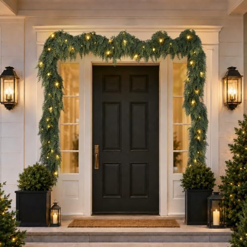 12FT Christmas Cedar Garland with Lights Prelit Pine Garland Decoration