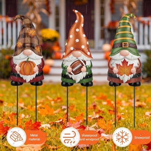 Amyhill 3 Pack Fall Garden Decor - 24'' 25'' 26'' Football Pumpkin Maple Leaf Gnomes Yard Signs with Metal Stakes for Home Outdoor Garden Lawn Porch Autumn Thanksgiving Outside Decorations