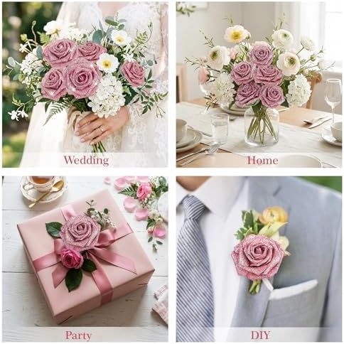 30PCS Pink Glitter Artificial Roses with Stems, Real Touch Foam Flowers