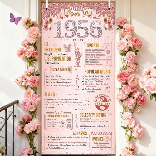 70th Birthday Decorations for Women, Rose Gold Back in 1956 Door Cover Decor, Seventy 70 Years Old Bday Large Front Door Cover Sign Backdrop Banner Supplies Decor, 3x6 Ft