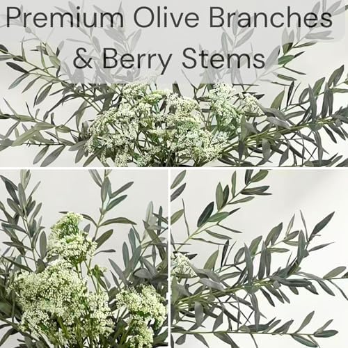Faux Arrangement - Olive & White Berry, Realistic Greenery Stems For Vase