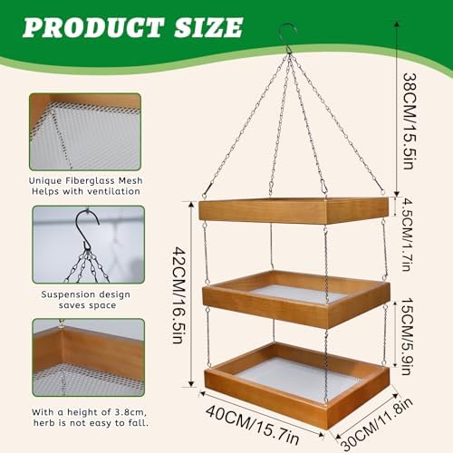 15.7"x11.8" 3-Tier Hanging Herb Drying Rack, Wooden Floral Drying Screen