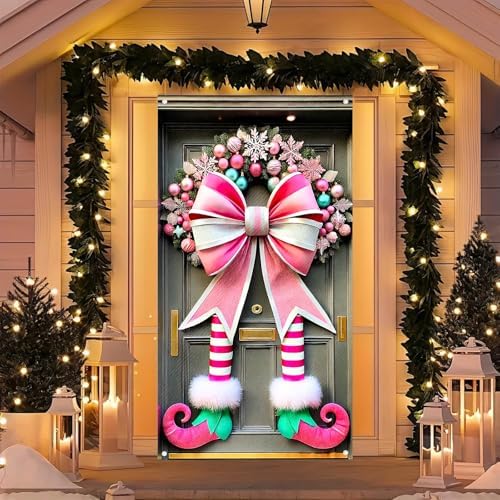 BlissYard Christmas Door Cover Elf Bow 35x71 Inch Polyester