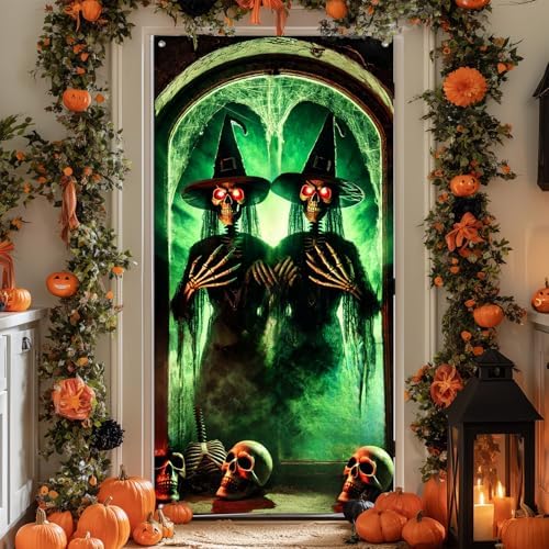 BlissYard Door Cover Skeleton Witch Haunted House 35x71 Inch Polyester