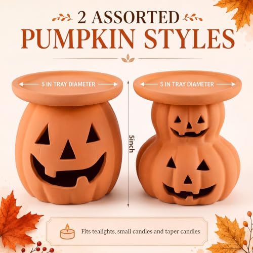 Tioncy 2pcs Halloween Decor Terracotta Jack O Lantern Pumpkin Candle Holder