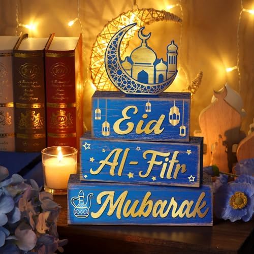 Yousoontic 4 Pcs Eid Mubarak Wooden Table Decor, Ramadan Mubarak Tiered Blocks Islamic Muslim Tabletop Decorations, Moon and Lantern Design, Blue and Gold Eid Table Centerpiece for Home Office