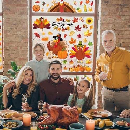 9 Sheets Thanksgiving Window Clings, 116PCS Thanksgiving Decorations Window Stickers, Turkey Decal Stickers with Cute Cones Nuts Maple Leaves Patterns for Fall Harvest Decorations Decor Accessories
