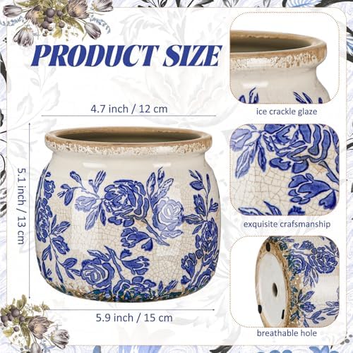 5.9'' Vintage Ceramic Planter, Ice Crack Glaze Blue Rose