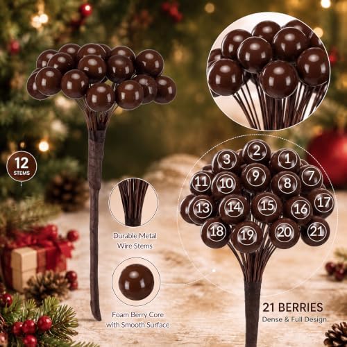 Thiccywoov 12 Pack Artificial Brown Berry Cluster Picks for Christmas Tree