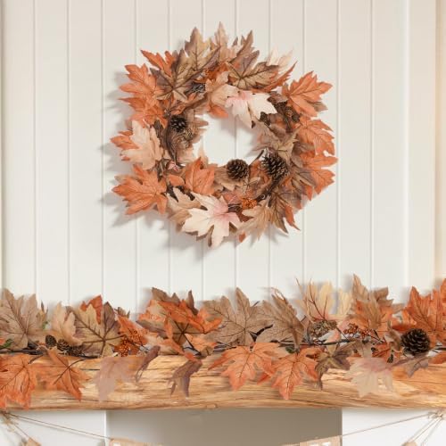6 Ft Fall Garland with Lights & Timer, Thanksgiving Fireplace Mantel Decor