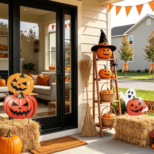 VCUTEKA Halloween Outdoor Pumpkin Stake Yard Sign, 3PCS Garden Stake Decor