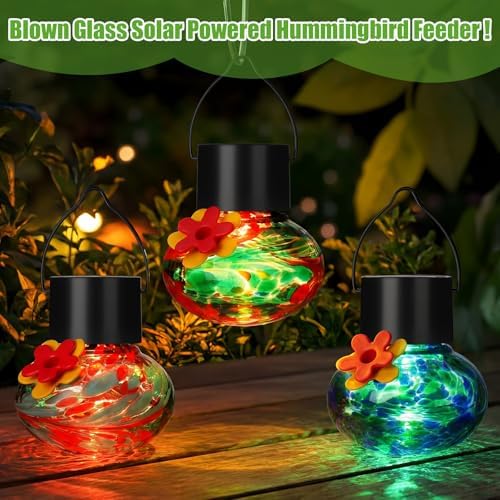 Nuogo 3 Pcs Blown Glass Hummingbird Feeder Gift Solar LED, Color B, Classic
