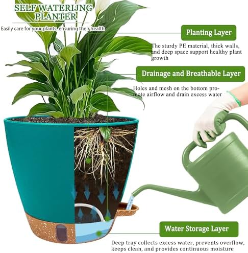 2 Pack 8 inch Plant Pots, Plastic Self Watering Planters