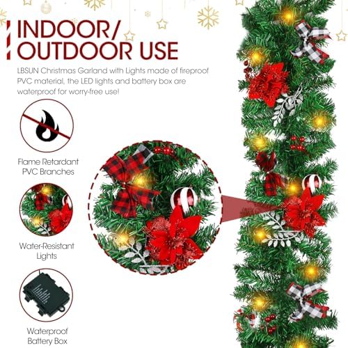 Christmas Garland with Lights, Pre-lit 9ft Christmas Decorations