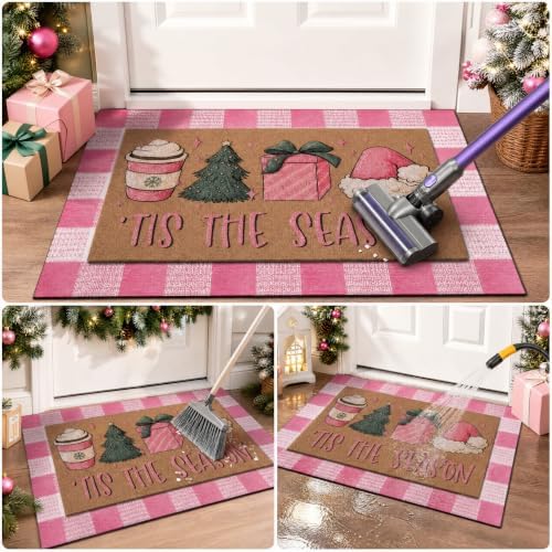 Tinideya 2 Pcs Pink Christmas Layered Doormat Set, Holiday Front Door Mats